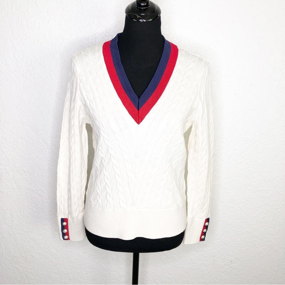 Talbots cream pearl button navy red trim cable knit sweater size Medium